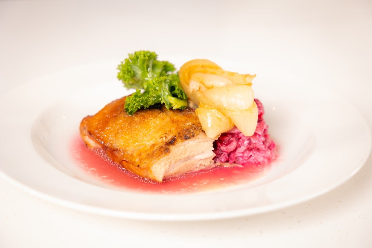 Roast Belly of Pork with Beetroot tzatziki. 